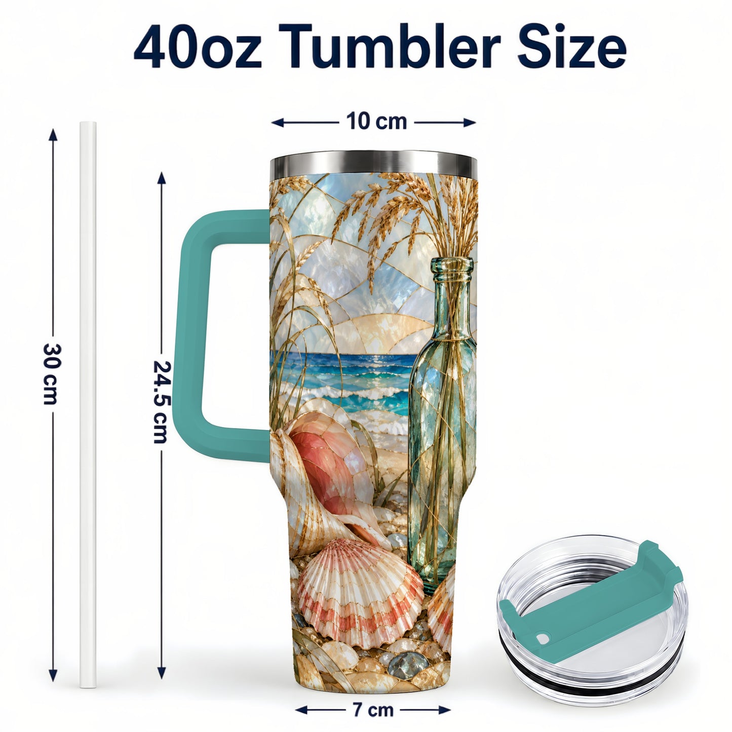 #pl[40oz|Green] Coastal Seashell 40oz Tumbler with Handle, Stainless Steel Travel Cup
