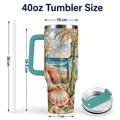 #pl[40oz|Green] Coastal Seashell 40oz Tumbler with Handle, Stainless Steel Travel Cup