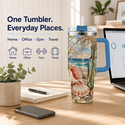 #pl[40oz|Blue] Coastal Seashell 40oz Tumbler with Handle, Stainless Steel Travel Cup