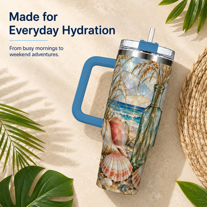 #pl[40oz|Blue] Coastal Seashell 40oz Tumbler with Handle, Stainless Steel Travel Cup