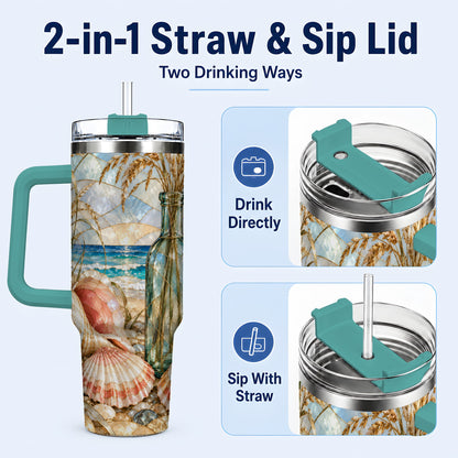 #pl[40oz|Green] Coastal Seashell 40oz Tumbler with Handle, Stainless Steel Travel Cup