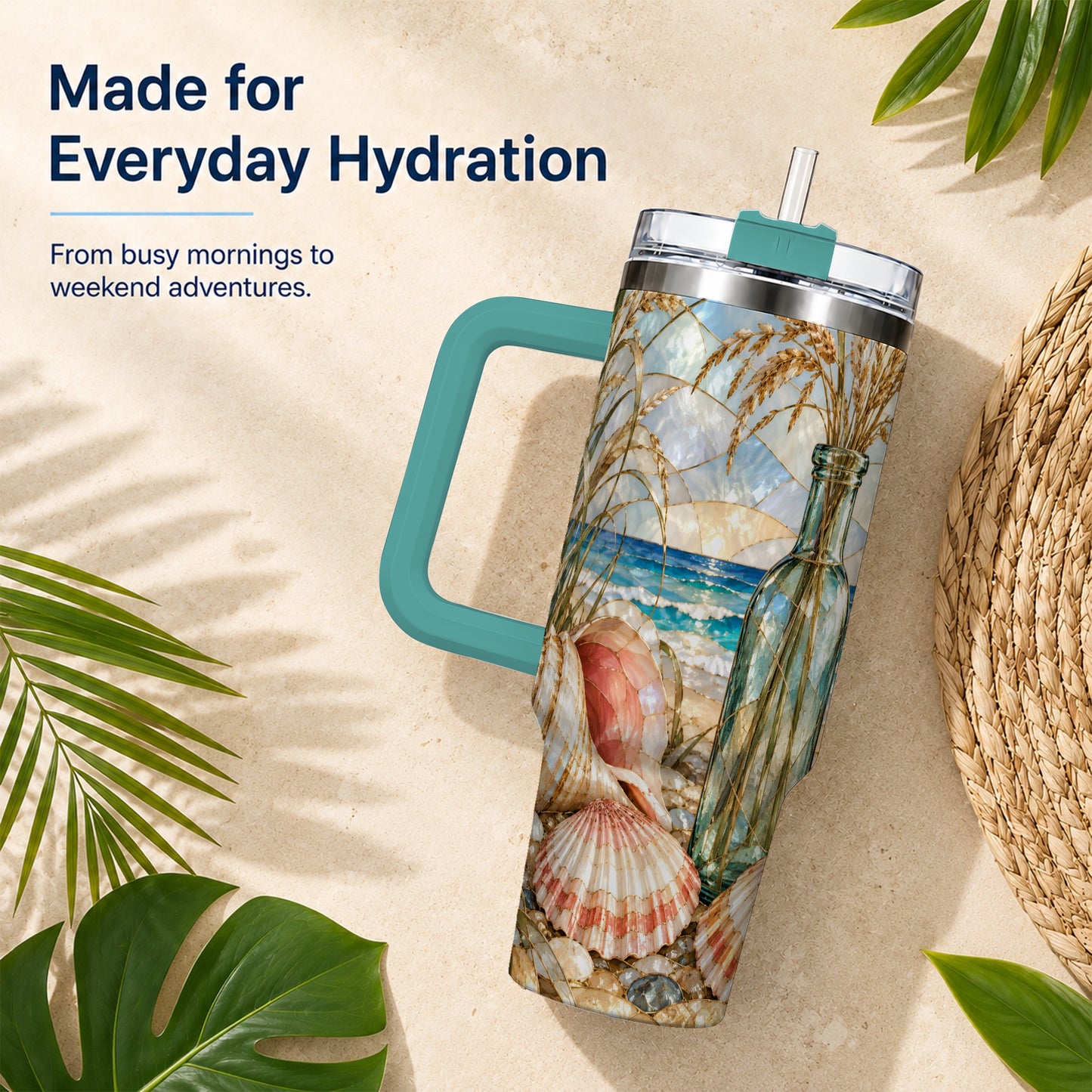 #pl[40oz|Green] Coastal Seashell 40oz Tumbler with Handle, Stainless Steel Travel Cup