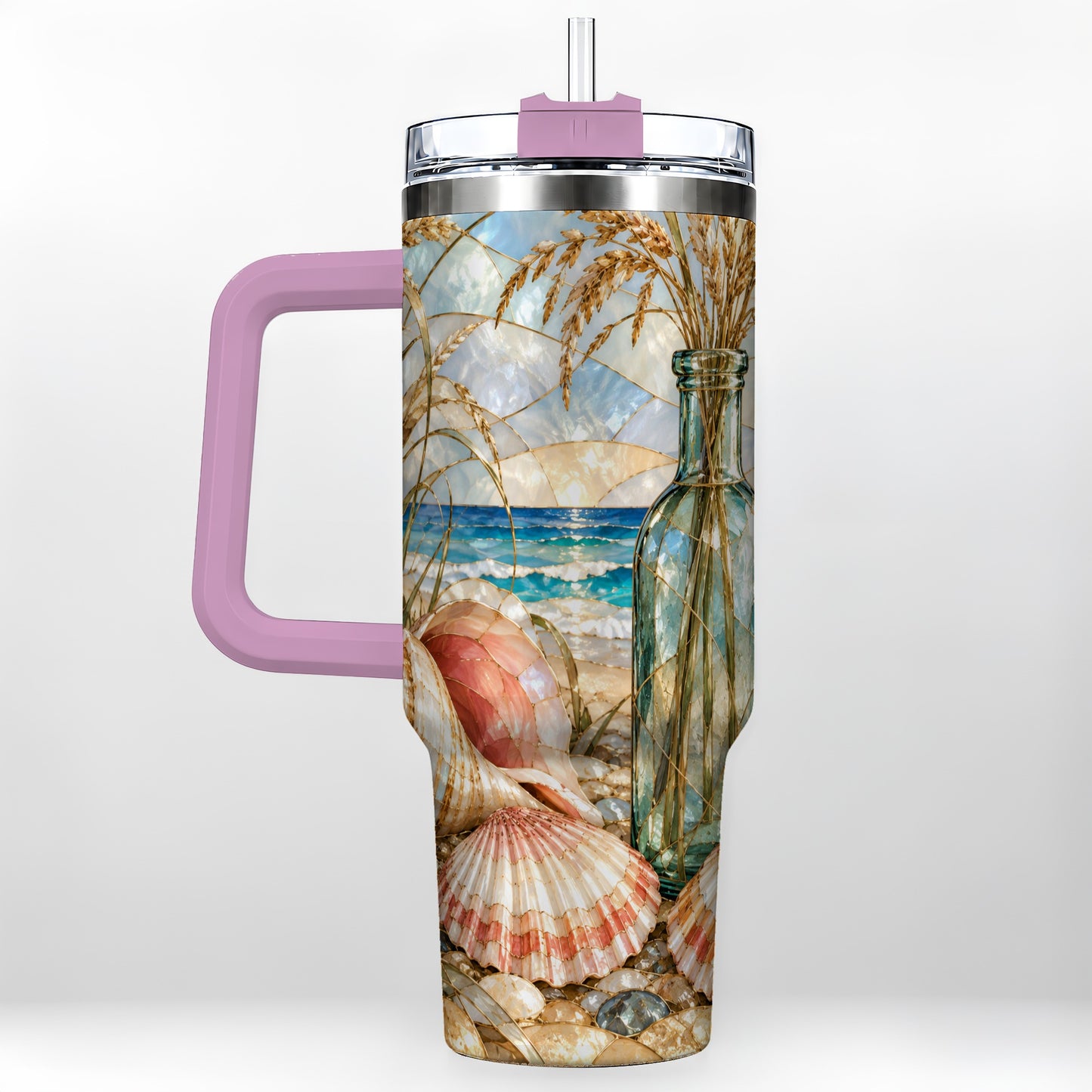 #pl[40oz|Pink] Coastal Seashell 40oz Tumbler with Handle, Stainless Steel Travel Cup