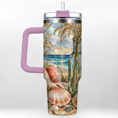 #pl[40oz|Pink] Coastal Seashell 40oz Tumbler with Handle, Stainless Steel Travel Cup