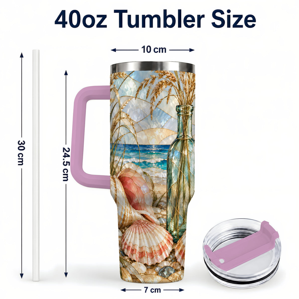 #pl[40oz|Pink] Coastal Seashell 40oz Tumbler with Handle, Stainless Steel Travel Cup