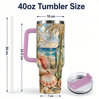 #pl[40oz|Pink] Coastal Seashell 40oz Tumbler with Handle, Stainless Steel Travel Cup