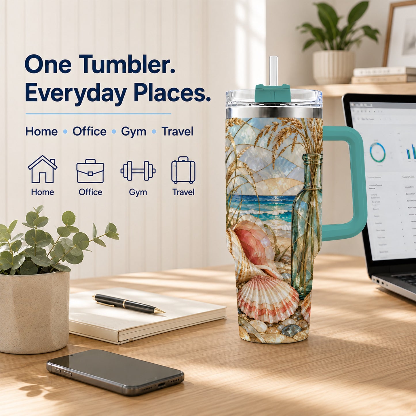 #pl[40oz|Green] Coastal Seashell 40oz Tumbler with Handle, Stainless Steel Travel Cup