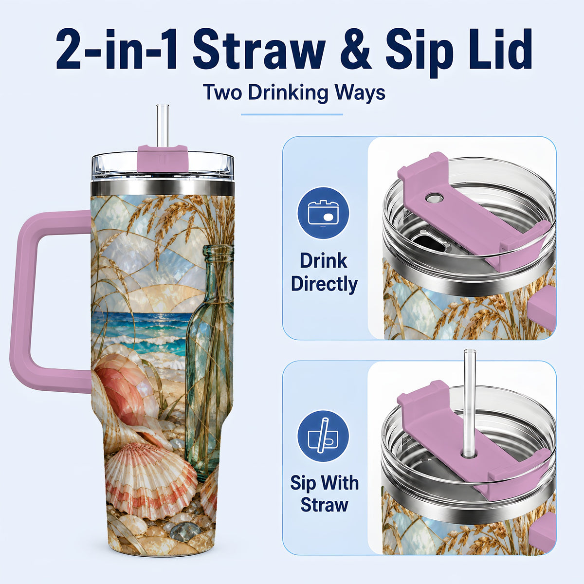 #pl[40oz|Pink] Coastal Seashell 40oz Tumbler with Handle, Stainless Steel Travel Cup