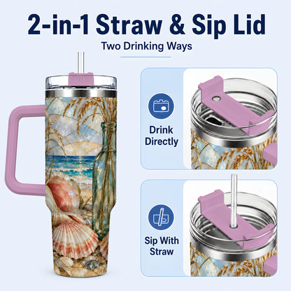 #pl[40oz|Pink] Coastal Seashell 40oz Tumbler with Handle, Stainless Steel Travel Cup
