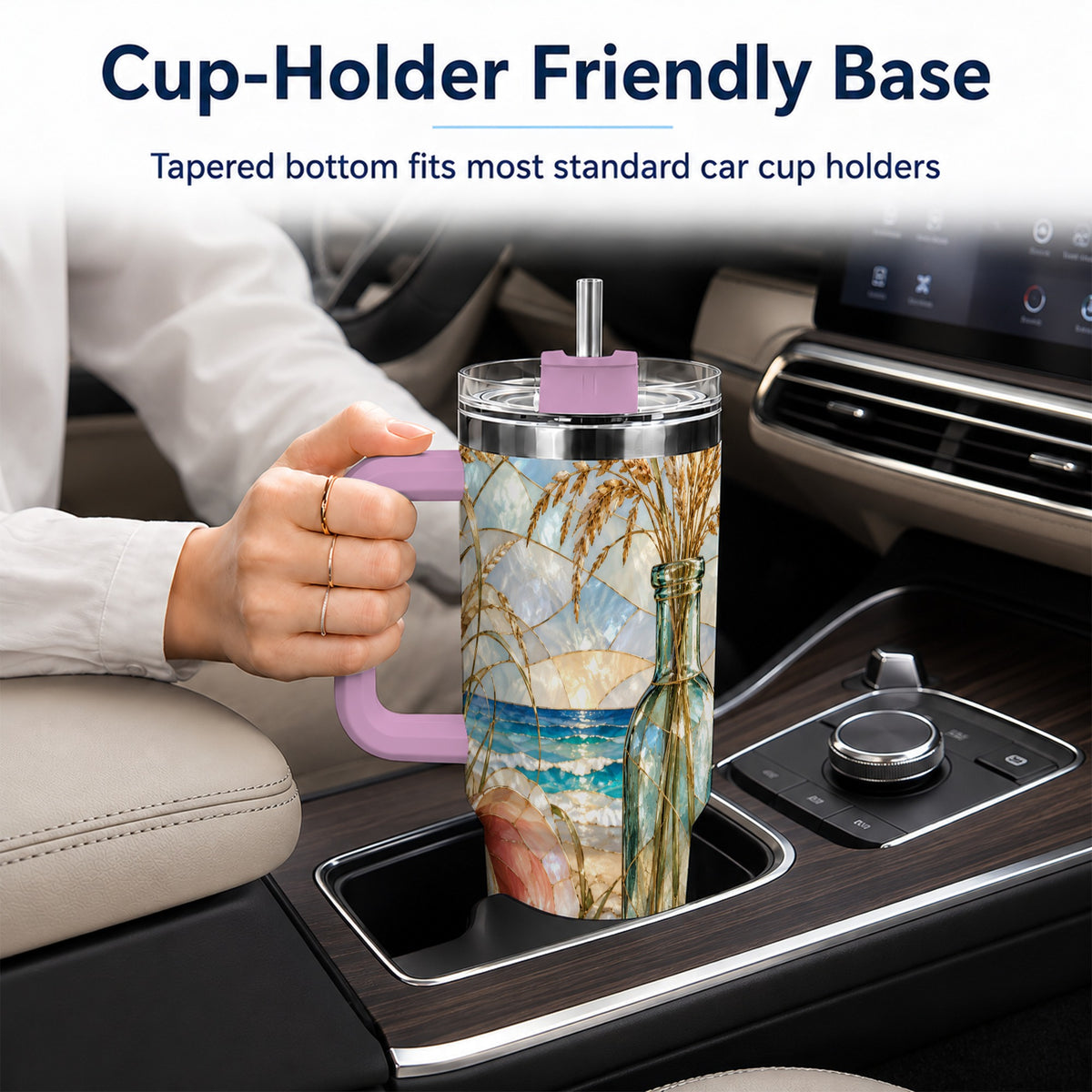 #pl[40oz|Pink] Coastal Seashell 40oz Tumbler with Handle, Stainless Steel Travel Cup