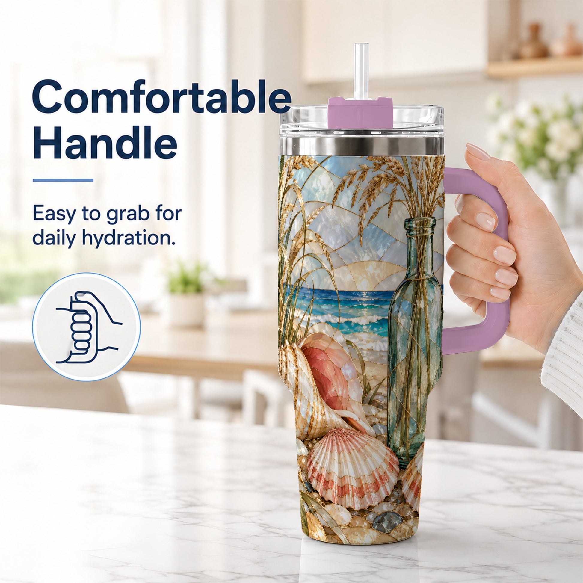 #pl[40oz|Pink] Coastal Seashell 40oz Tumbler with Handle, Stainless Steel Travel Cup