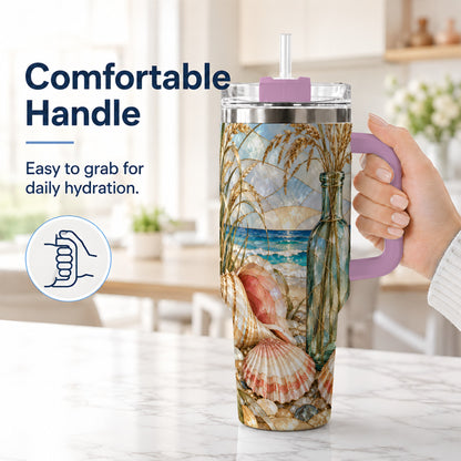 #pl[40oz|Pink] Coastal Seashell 40oz Tumbler with Handle, Stainless Steel Travel Cup