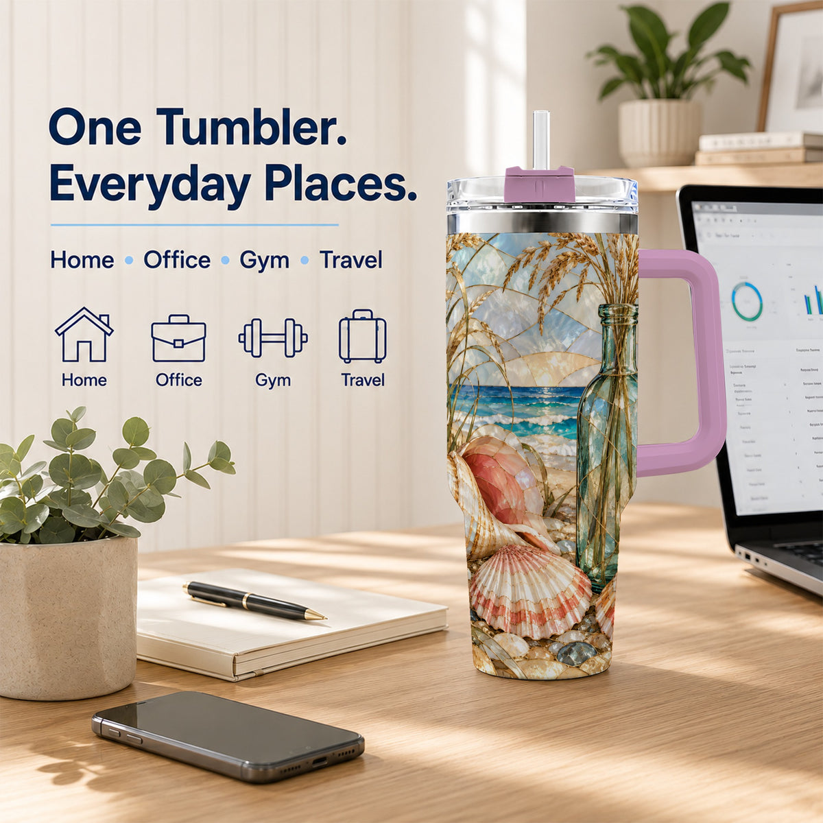 #pl[40oz|Pink] Coastal Seashell 40oz Tumbler with Handle, Stainless Steel Travel Cup