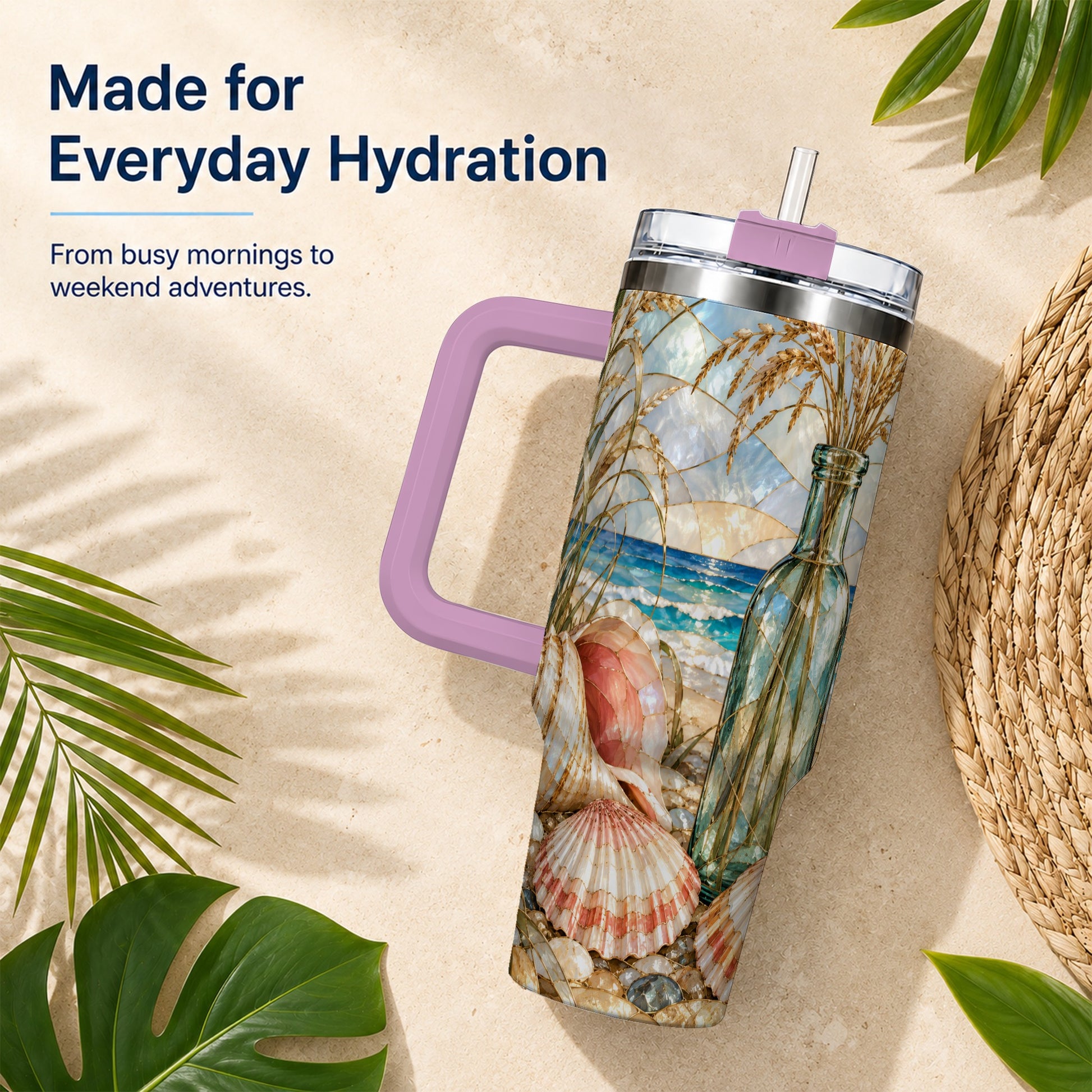 #pl[40oz|Pink] Coastal Seashell 40oz Tumbler with Handle, Stainless Steel Travel Cup