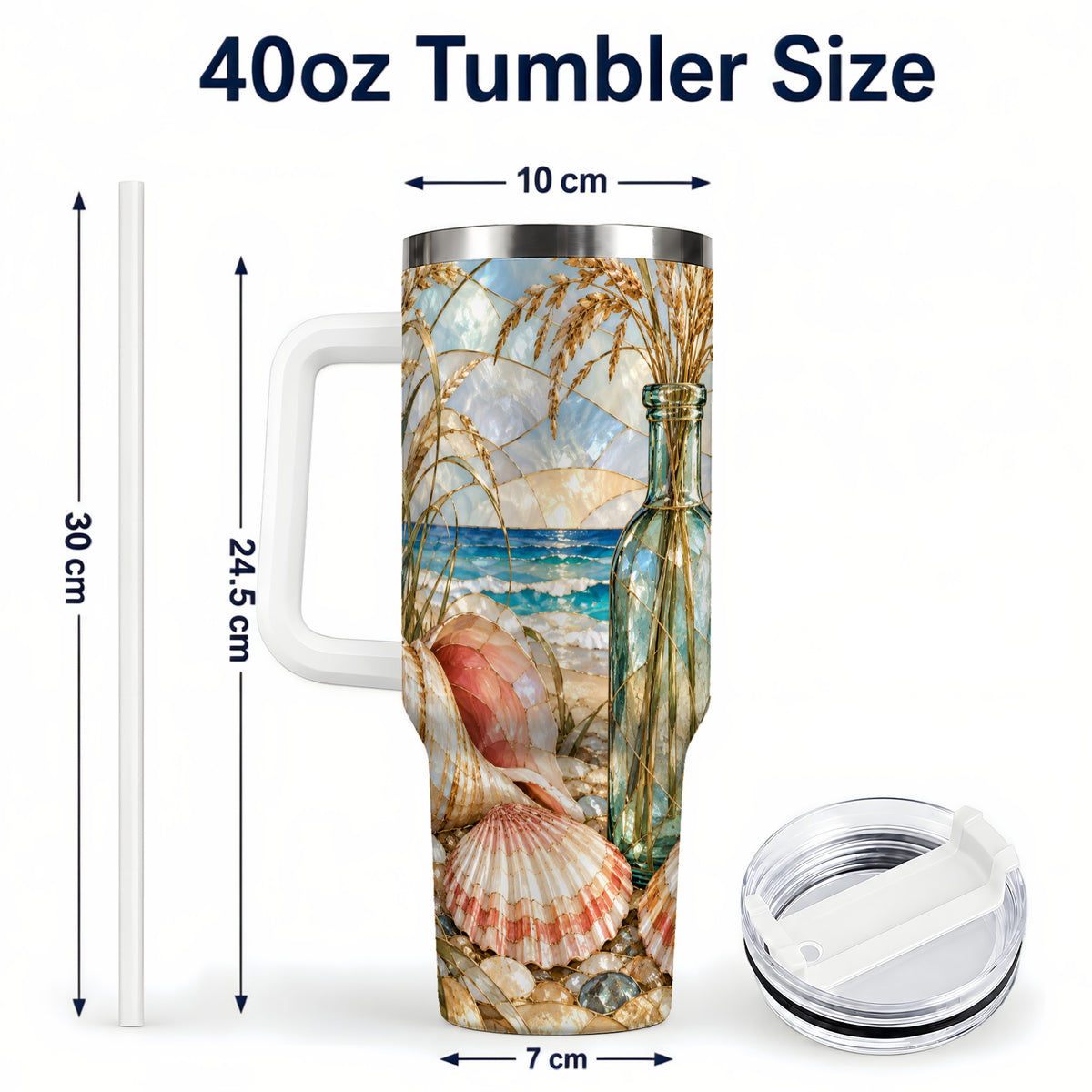 #pl[40oz|White] Coastal Seashell 40oz Tumbler with Handle, Stainless Steel Travel Cup