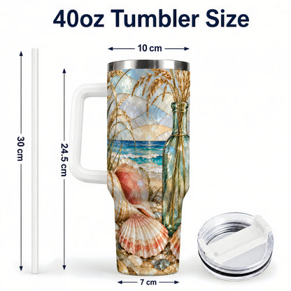 #pl[40oz|White] Coastal Seashell 40oz Tumbler with Handle, Stainless Steel Travel Cup