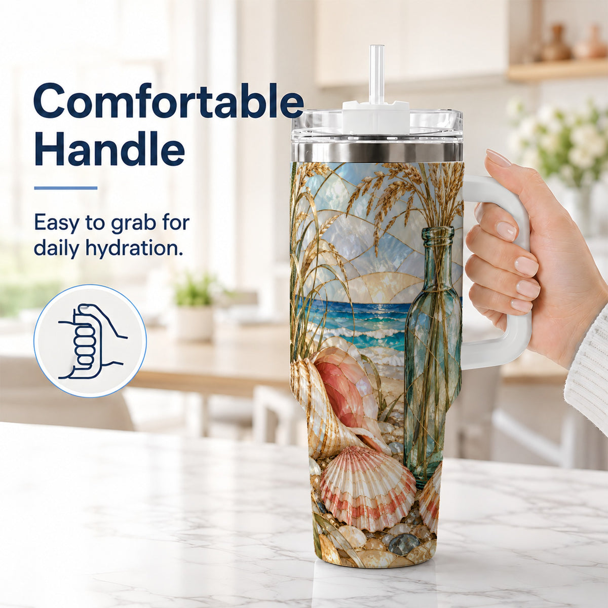 #pl[40oz|White] Coastal Seashell 40oz Tumbler with Handle, Stainless Steel Travel Cup