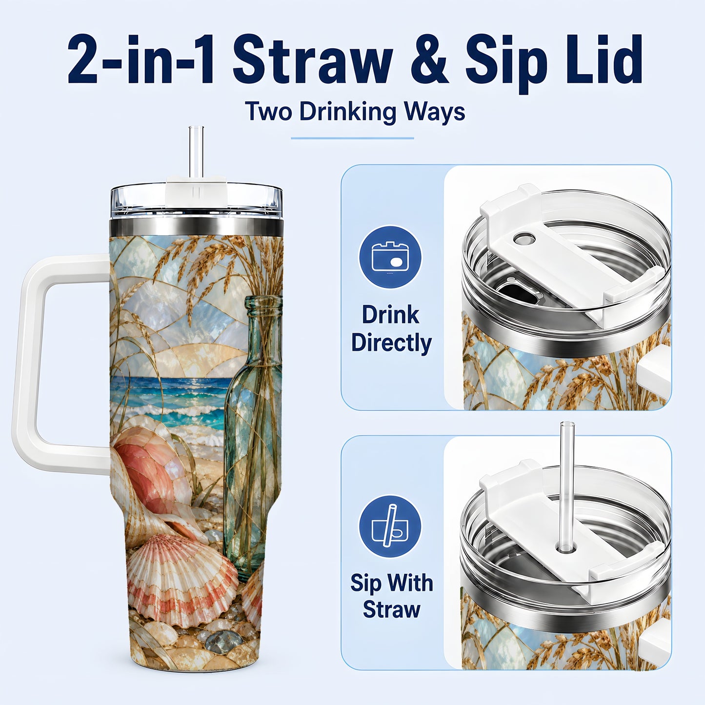 #pl[40oz|White] Coastal Seashell 40oz Tumbler with Handle, Stainless Steel Travel Cup