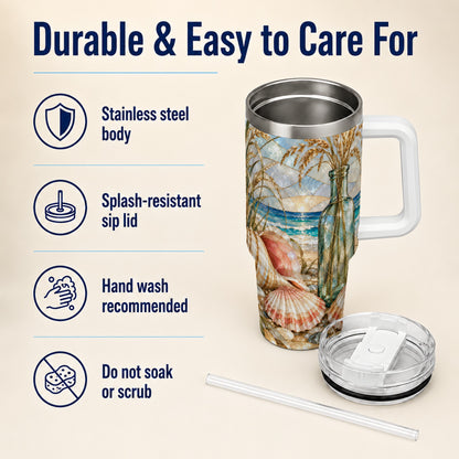 #pl[40oz|White] Coastal Seashell 40oz Tumbler with Handle, Stainless Steel Travel Cup