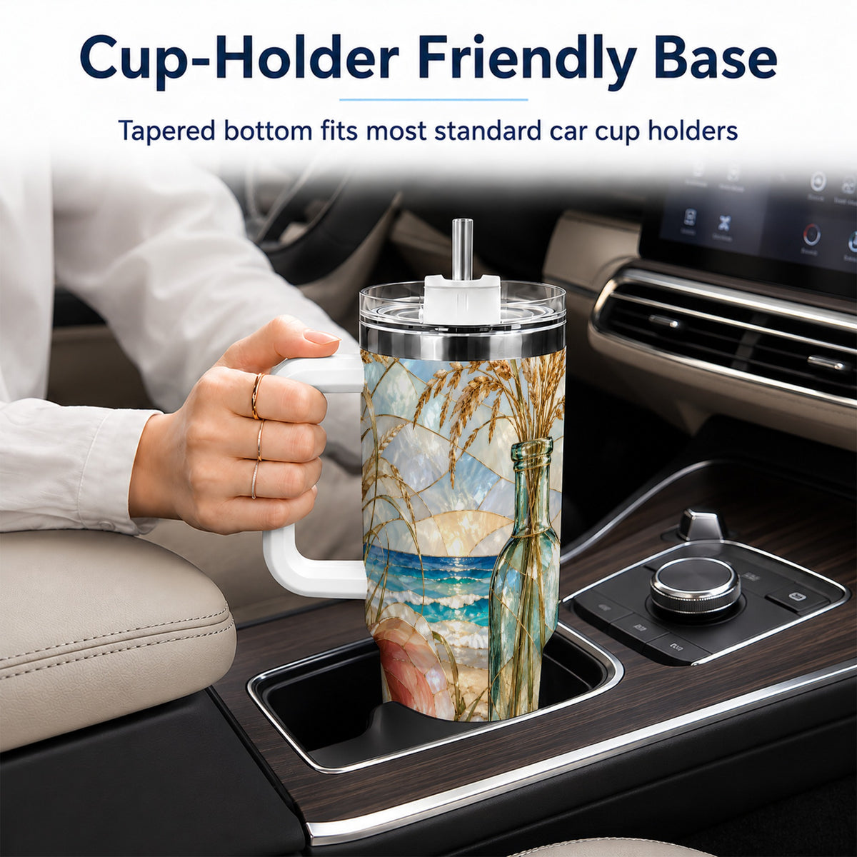 #pl[40oz|White] Coastal Seashell 40oz Tumbler with Handle, Stainless Steel Travel Cup
