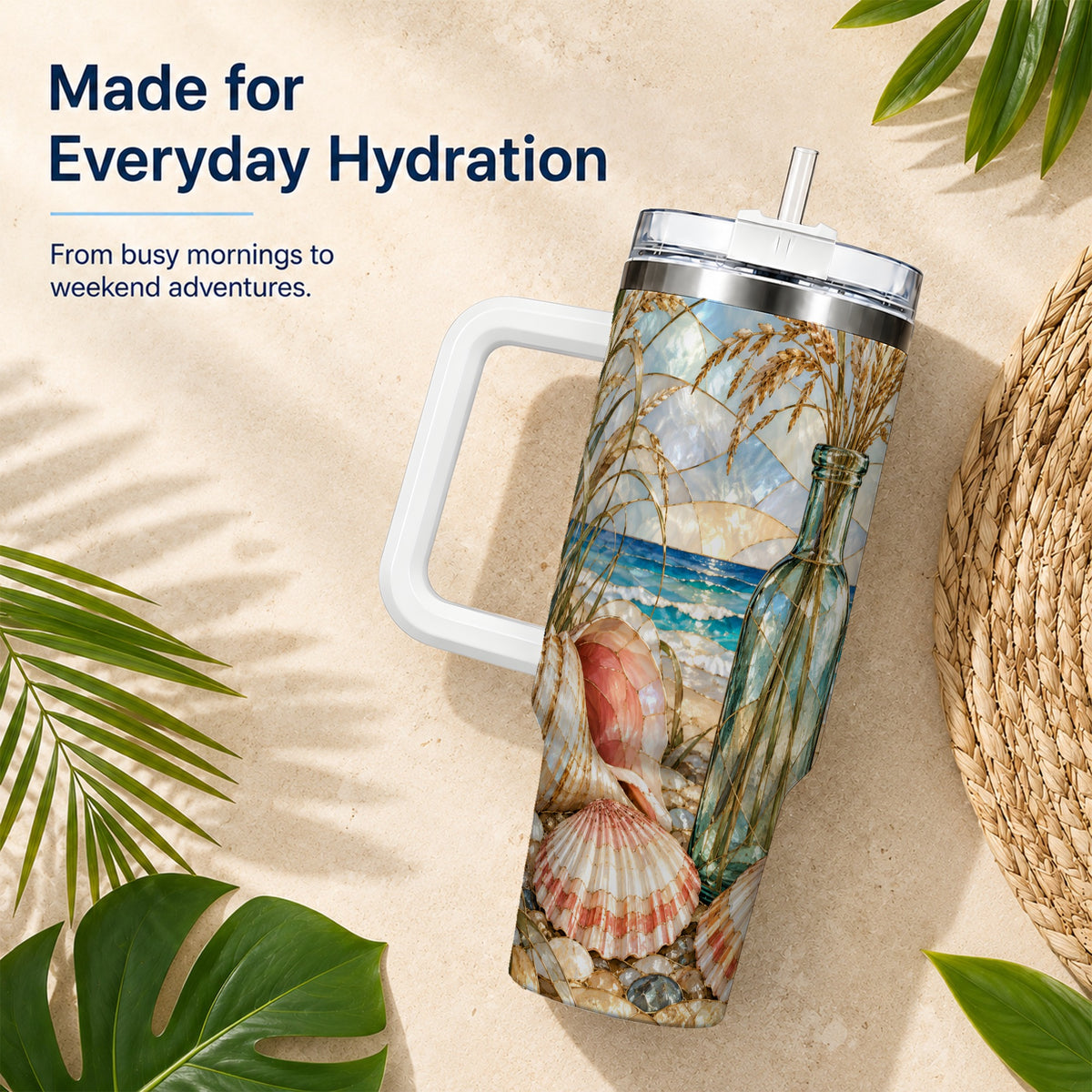 #pl[40oz|White] Coastal Seashell 40oz Tumbler with Handle, Stainless Steel Travel Cup
