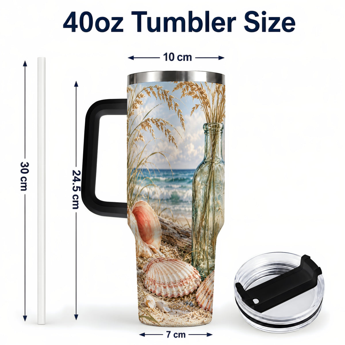 #pl[40oz|Black] Sea Oats Seashell 40oz Tumbler with Handle, Stainless Steel Travel Cup