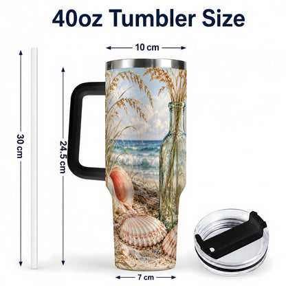 #pl[40oz|Black] Sea Oats Seashell 40oz Tumbler with Handle, Stainless Steel Travel Cup