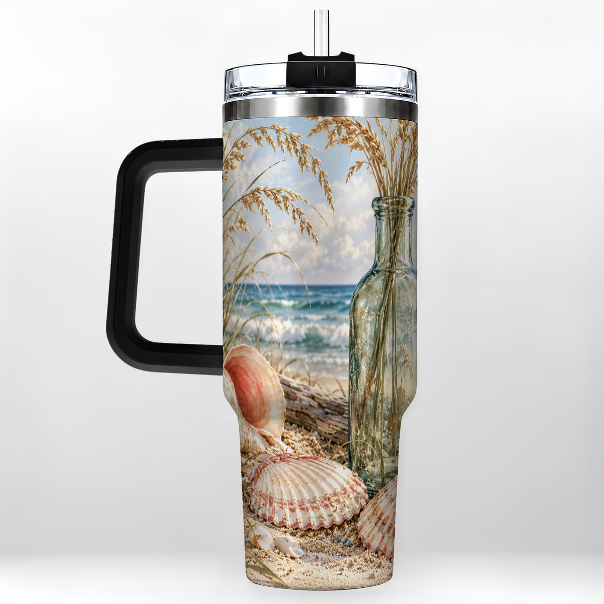 #pl[40oz|Black] Sea Oats Seashell 40oz Tumbler with Handle, Stainless Steel Travel Cup
