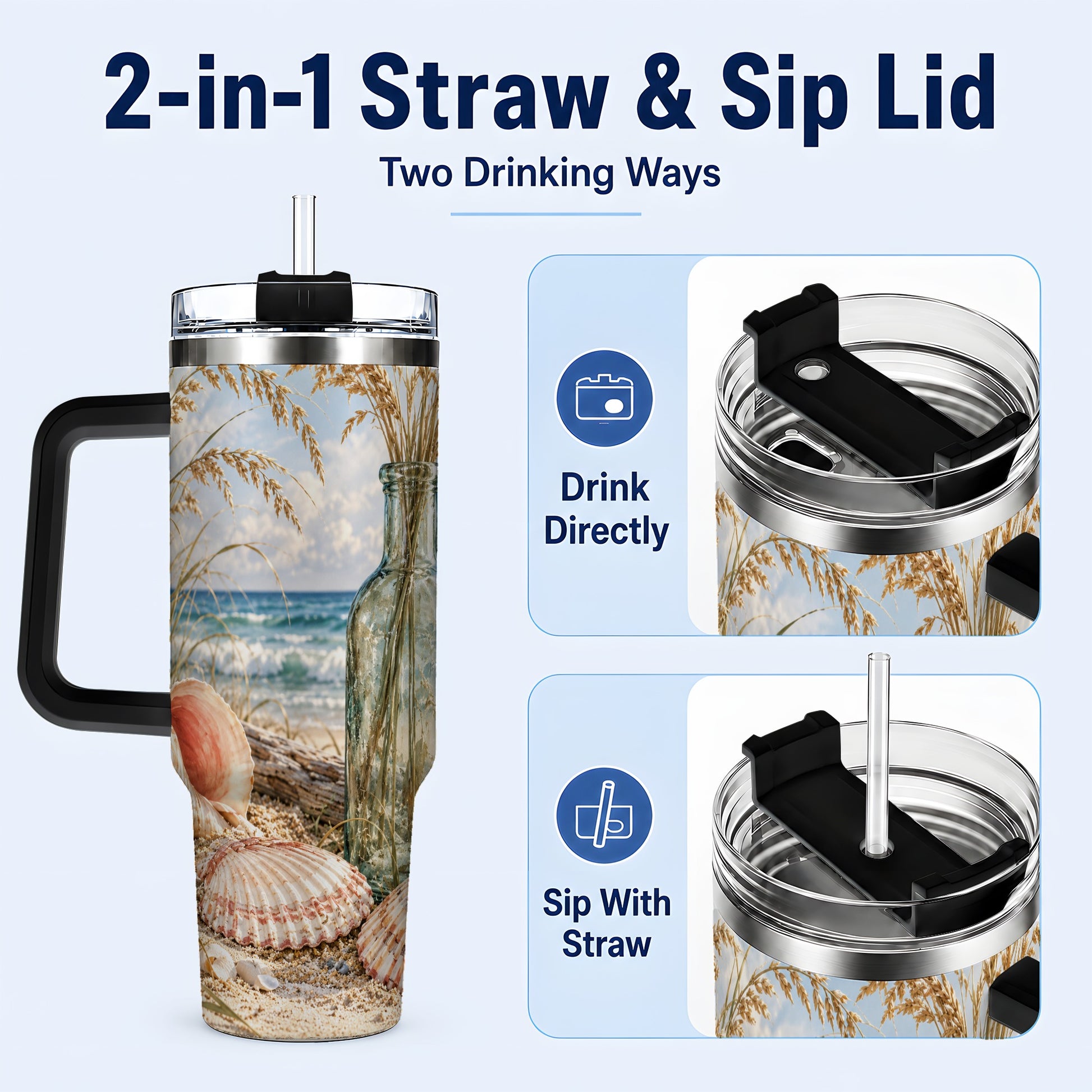 #pl[40oz|Black] Sea Oats Seashell 40oz Tumbler with Handle, Stainless Steel Travel Cup