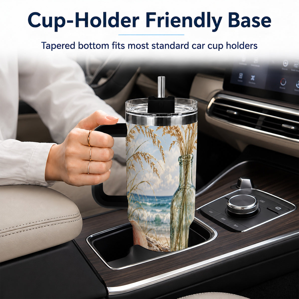 #pl[40oz|Black] Sea Oats Seashell 40oz Tumbler with Handle, Stainless Steel Travel Cup