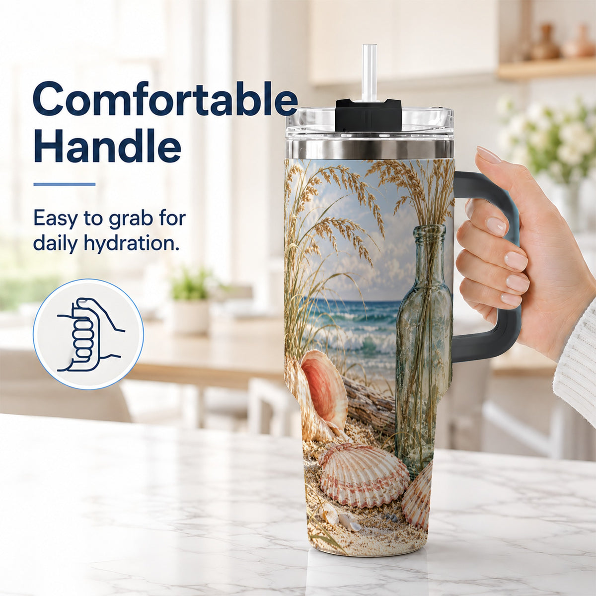 #pl[40oz|Black] Sea Oats Seashell 40oz Tumbler with Handle, Stainless Steel Travel Cup