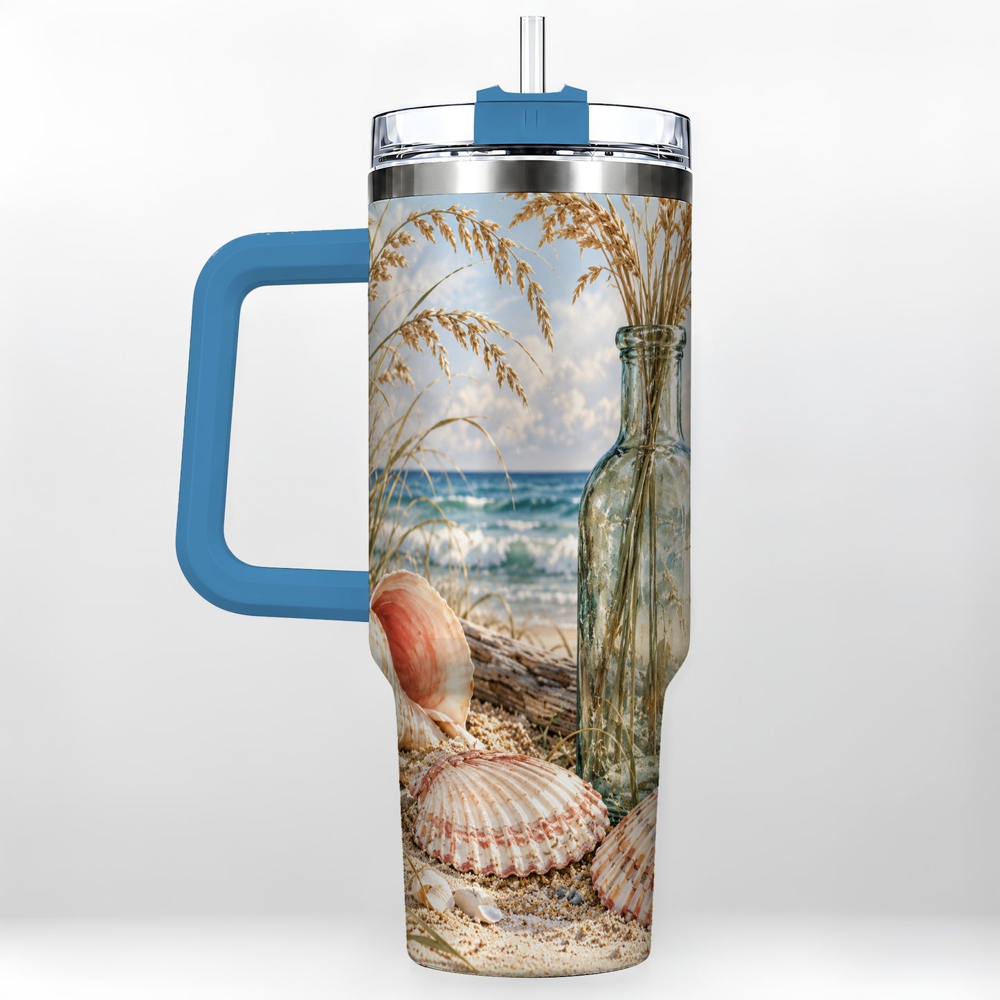 #pl[40oz|Blue] Sea Oats Seashell 40oz Tumbler with Handle, Stainless Steel Travel Cup