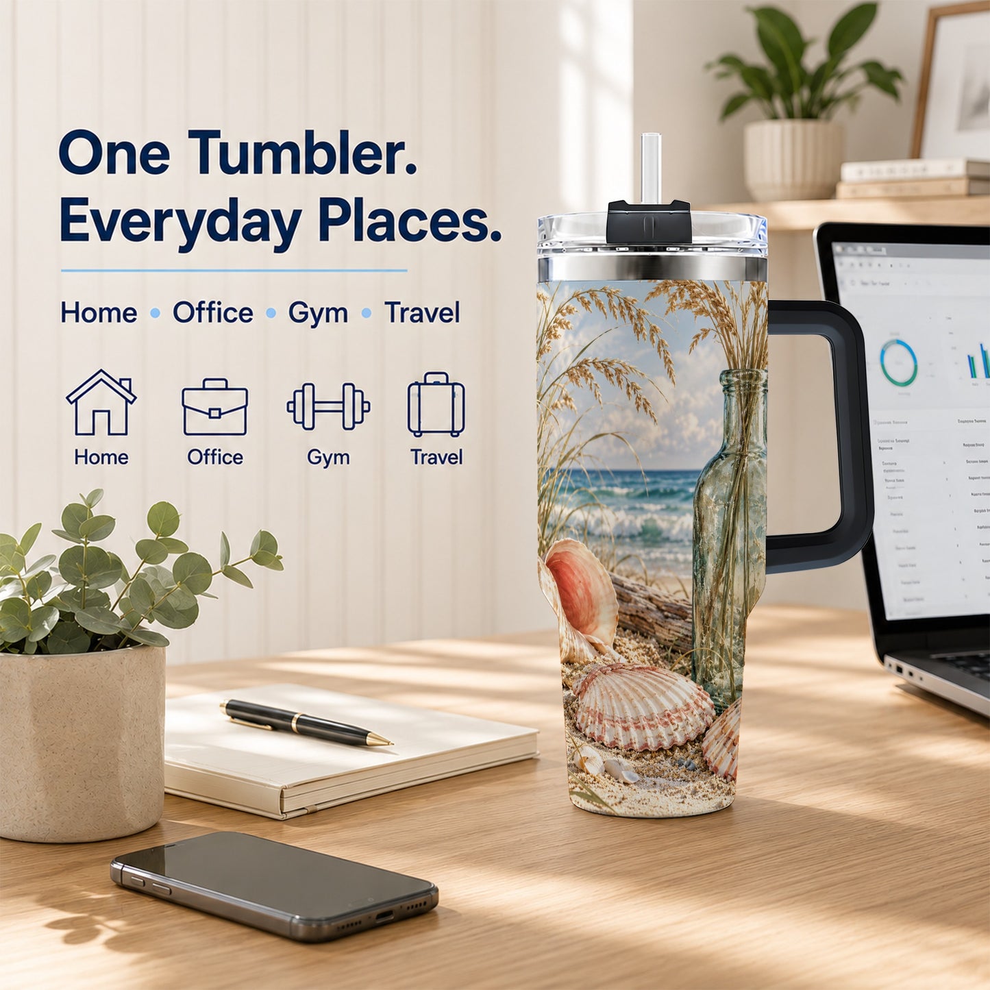 #pl[40oz|Black] Sea Oats Seashell 40oz Tumbler with Handle, Stainless Steel Travel Cup