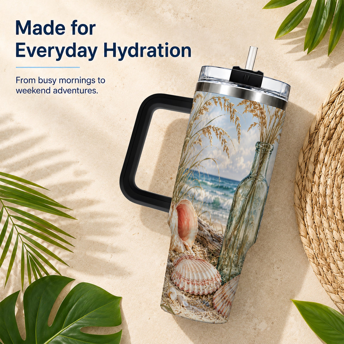 #pl[40oz|Black] Sea Oats Seashell 40oz Tumbler with Handle, Stainless Steel Travel Cup
