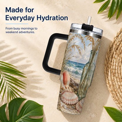 #pl[40oz|Black] Sea Oats Seashell 40oz Tumbler with Handle, Stainless Steel Travel Cup