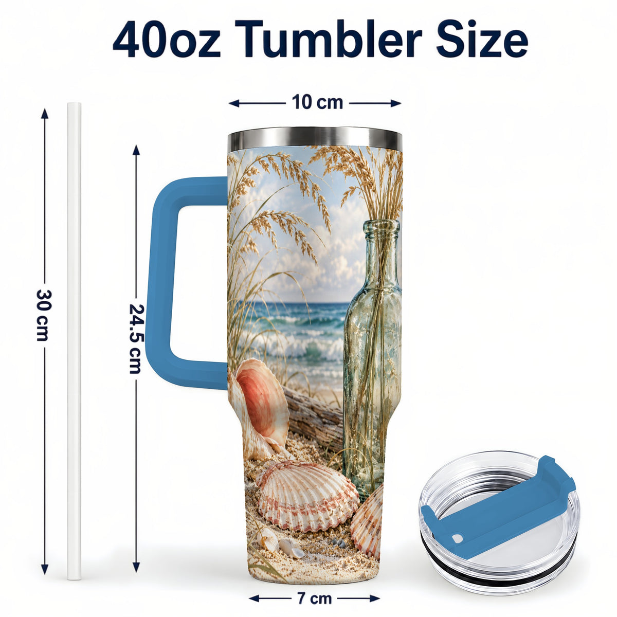 #pl[40oz|Blue] Sea Oats Seashell 40oz Tumbler with Handle, Stainless Steel Travel Cup