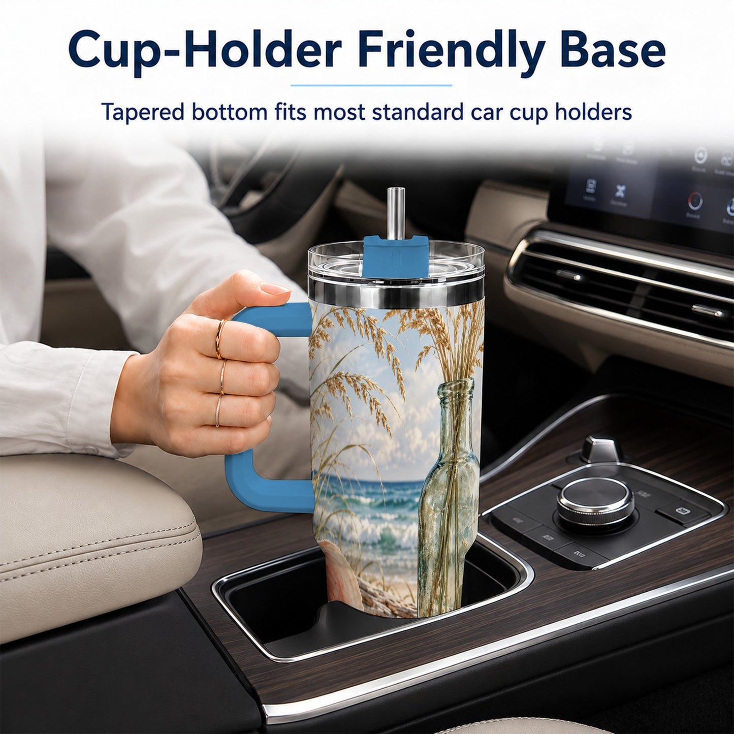 #pl[40oz|Blue] Sea Oats Seashell 40oz Tumbler with Handle, Stainless Steel Travel Cup