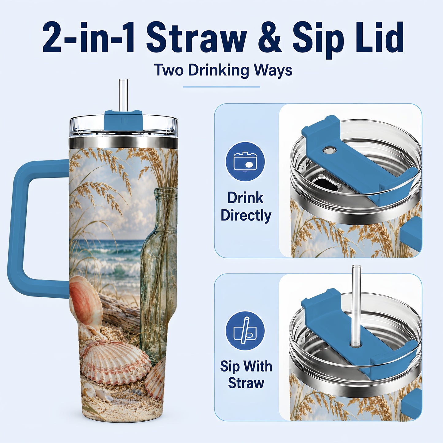 #pl[40oz|Blue] Sea Oats Seashell 40oz Tumbler with Handle, Stainless Steel Travel Cup