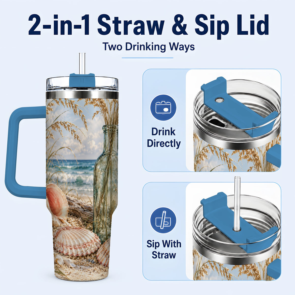#pl[40oz|Blue] Sea Oats Seashell 40oz Tumbler with Handle, Stainless Steel Travel Cup