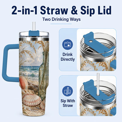 #pl[40oz|Blue] Sea Oats Seashell 40oz Tumbler with Handle, Stainless Steel Travel Cup