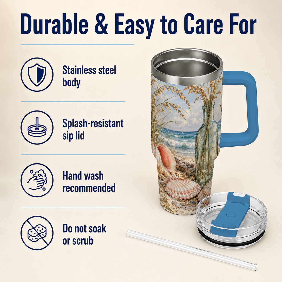 #pl[40oz|Blue] Sea Oats Seashell 40oz Tumbler with Handle, Stainless Steel Travel Cup