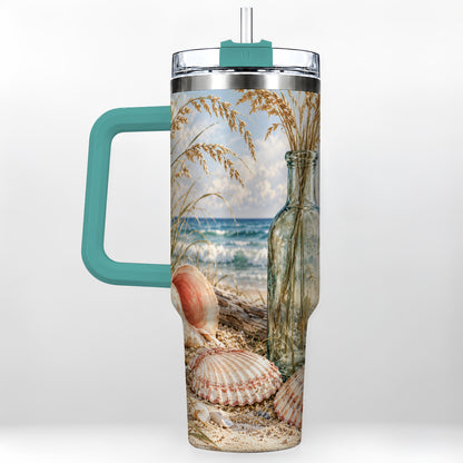 #pl[40oz|Green] Sea Oats Seashell 40oz Tumbler with Handle, Stainless Steel Travel Cup