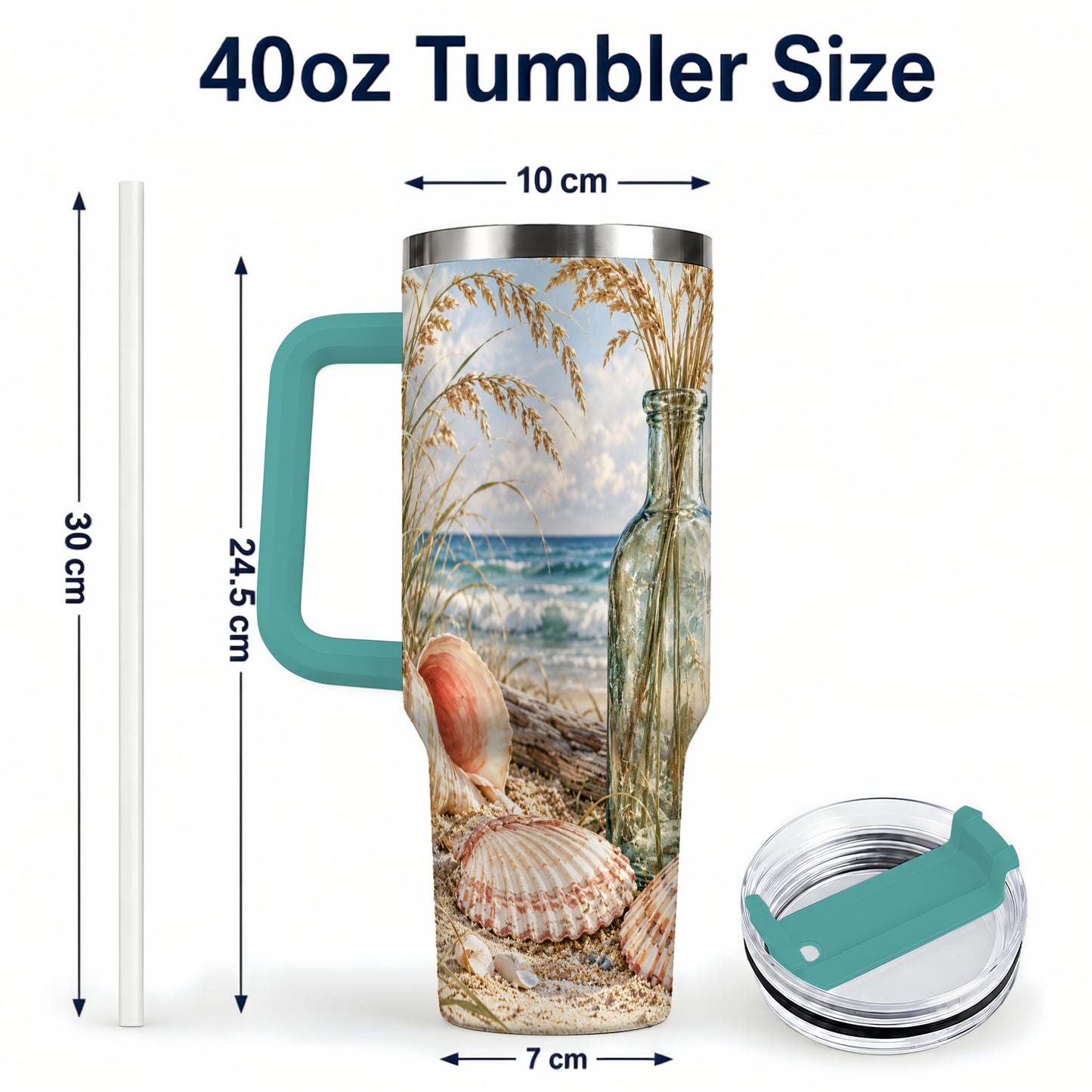 #pl[40oz|Green] Sea Oats Seashell 40oz Tumbler with Handle, Stainless Steel Travel Cup