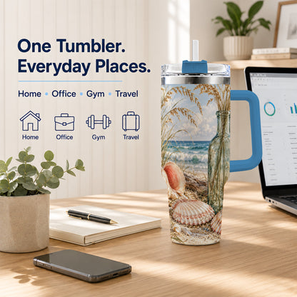 #pl[40oz|Blue] Sea Oats Seashell 40oz Tumbler with Handle, Stainless Steel Travel Cup
