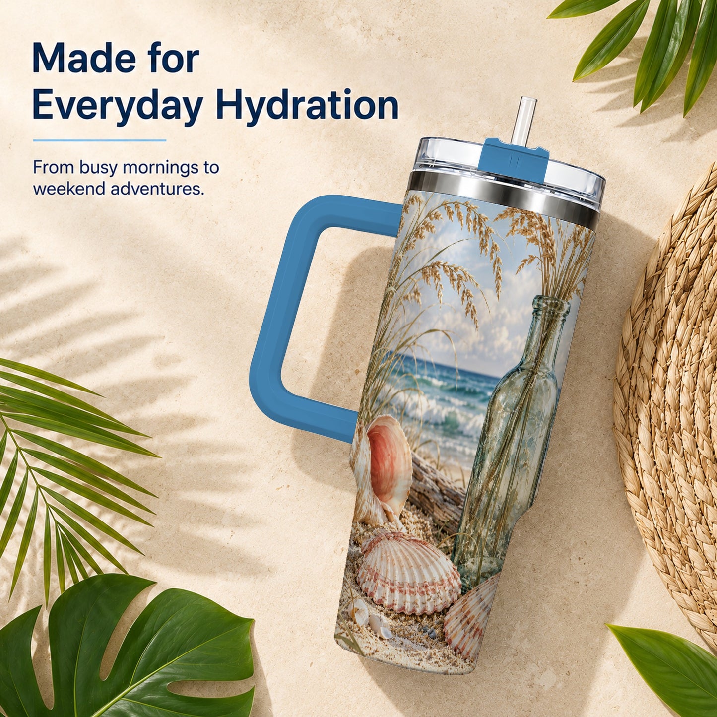 #pl[40oz|Blue] Sea Oats Seashell 40oz Tumbler with Handle, Stainless Steel Travel Cup