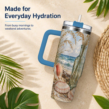 #pl[40oz|Blue] Sea Oats Seashell 40oz Tumbler with Handle, Stainless Steel Travel Cup