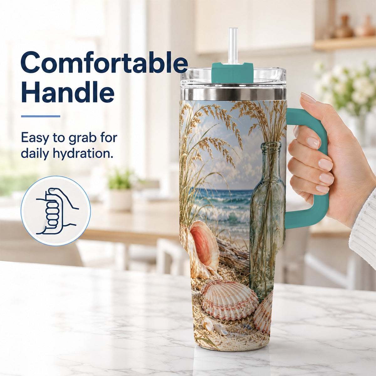 #pl[40oz|Green] Sea Oats Seashell 40oz Tumbler with Handle, Stainless Steel Travel Cup