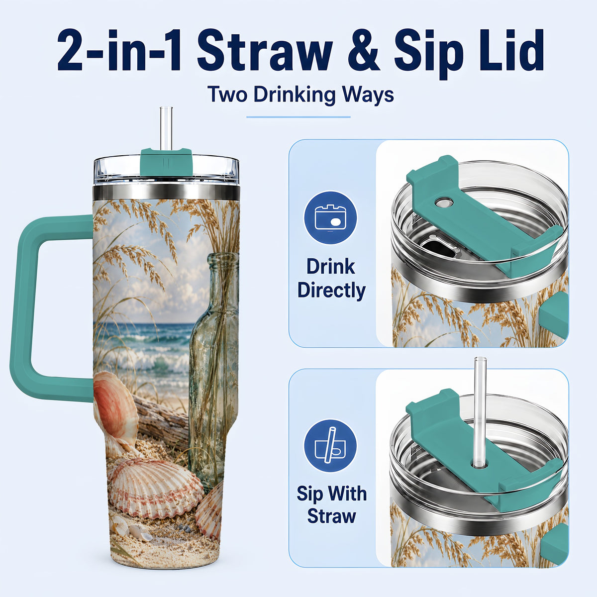 #pl[40oz|Green] Sea Oats Seashell 40oz Tumbler with Handle, Stainless Steel Travel Cup