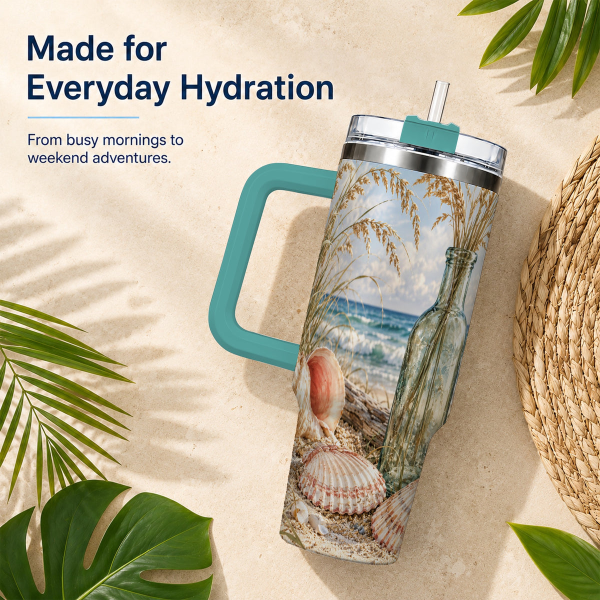 #pl[40oz|Green] Sea Oats Seashell 40oz Tumbler with Handle, Stainless Steel Travel Cup