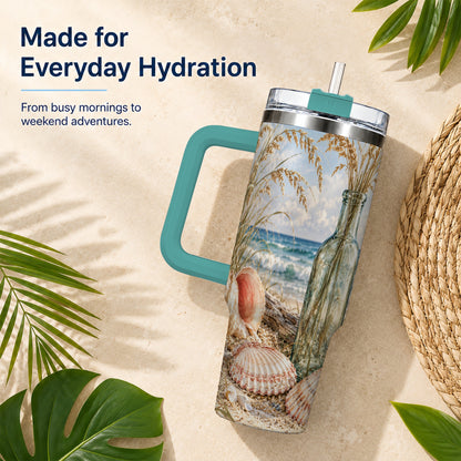 #pl[40oz|Green] Sea Oats Seashell 40oz Tumbler with Handle, Stainless Steel Travel Cup
